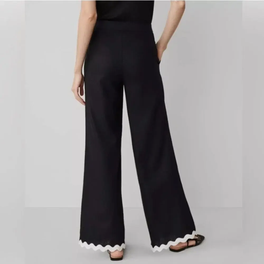 NWT Ann Taylor Linen Wide Leg Pants With Ricrac Scalloped Hem In Black Size 8 - Picture 2 of 10